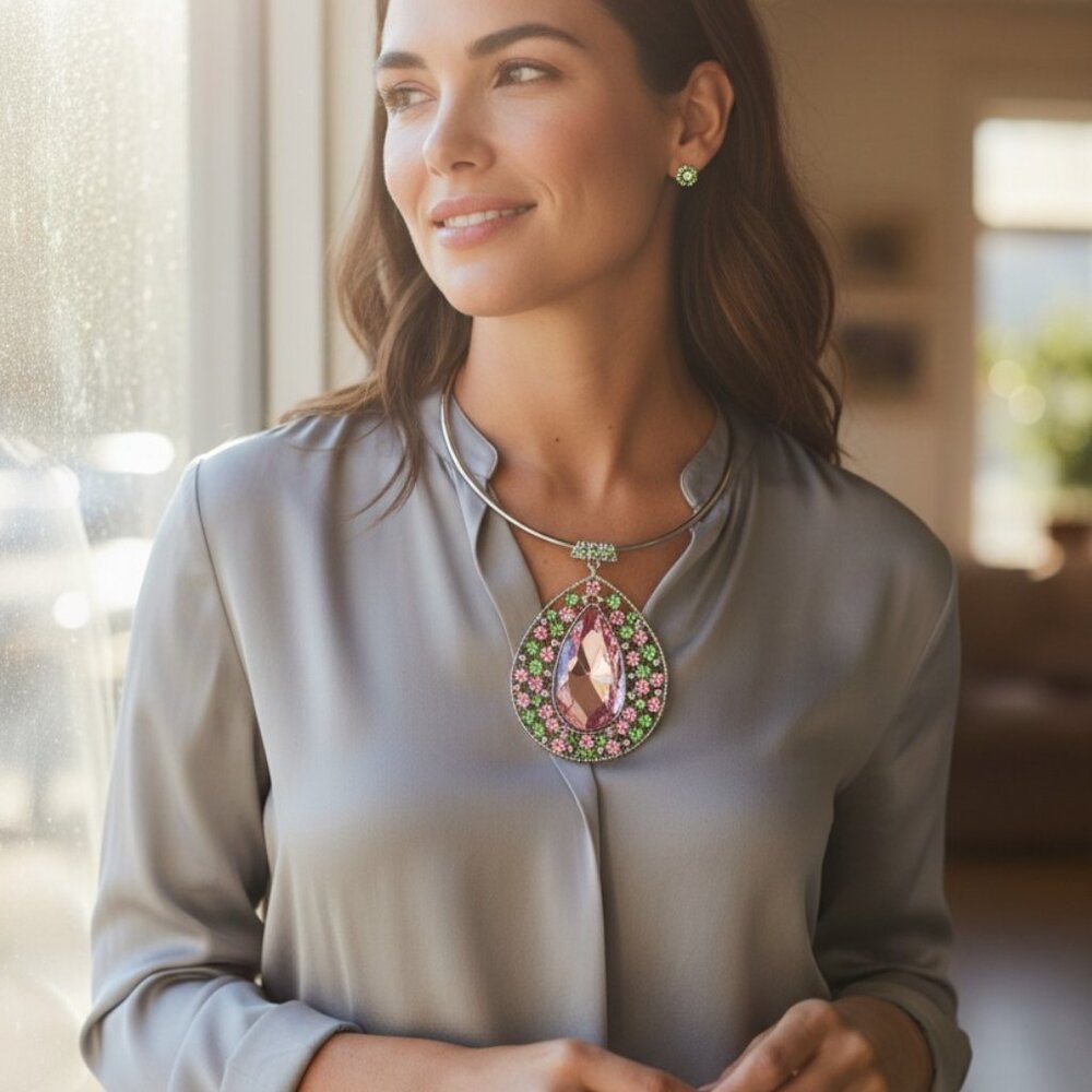 X-Lg Teardrop Pave Set Rhinestone Choker Necklace & Earring Set Pink & Green NWT